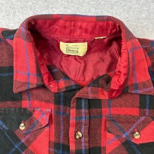 Vtg 70s XL Red Black Plaid Flannel Button Down Shirt Heavyweight Twill